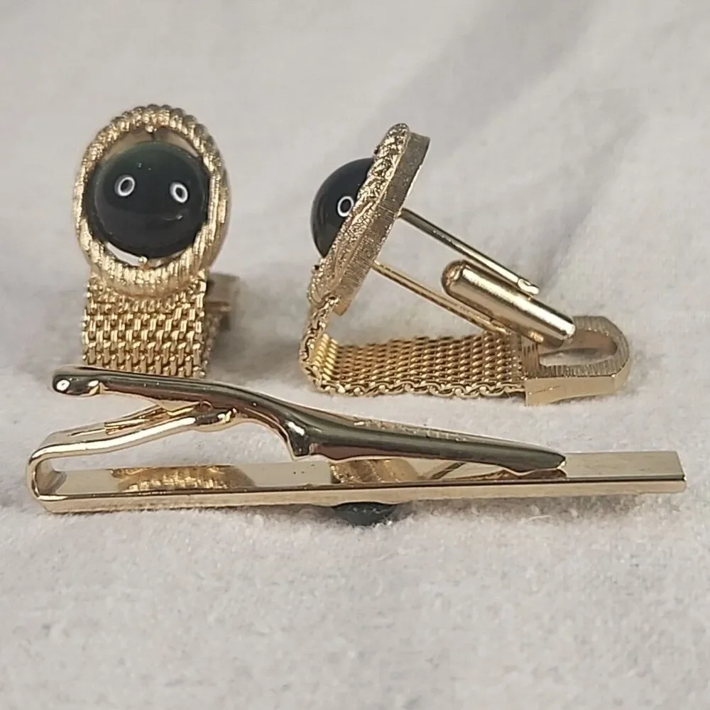 Cufflinks & Tie Clip Swank Gold Tone Green Cabochon Wraparound Mesh Vintage